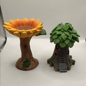 Sunflower Pedestal and Tree House Fairy Décor - Yellow & Green